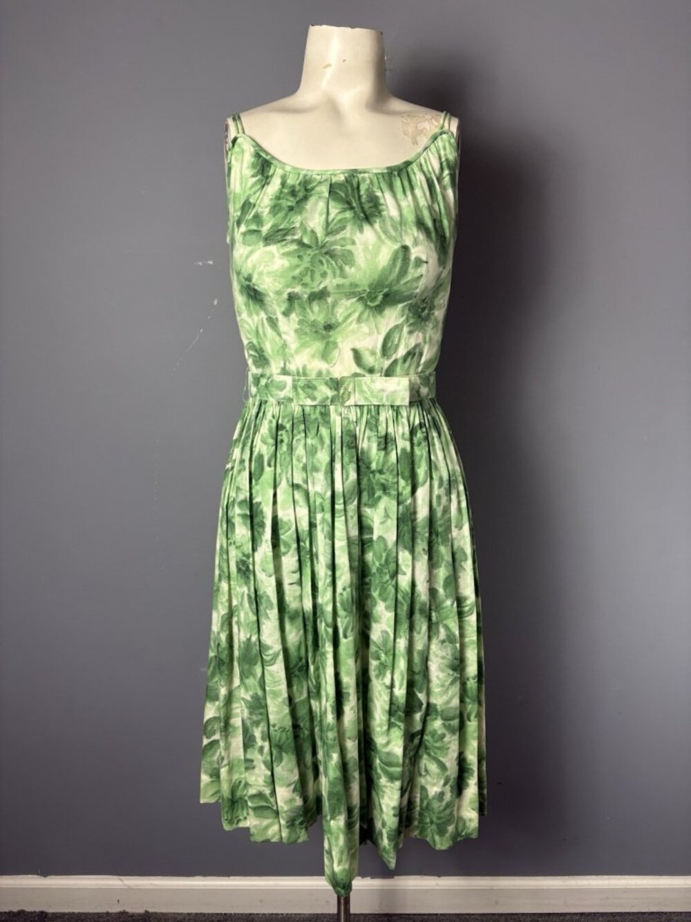Vintage 1950s Womens XXS/00 Green Floral Belted Fit n Flare Dress Kay Juniors - Picture 2 of 14
